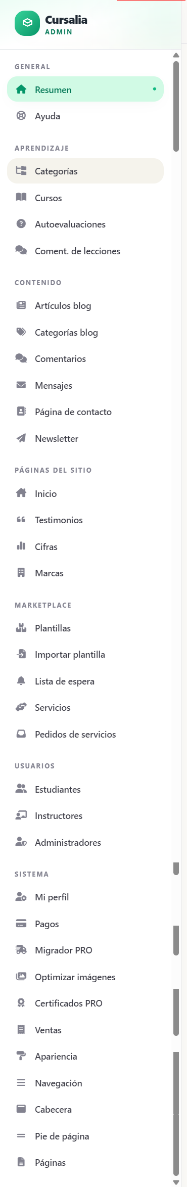 Menú del panel con todas las herramientas de Cursalia, incluidos los complementos PRO