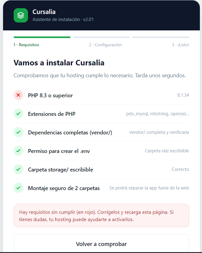 El asistente de Cursalia comprueba los requisitos del hosting